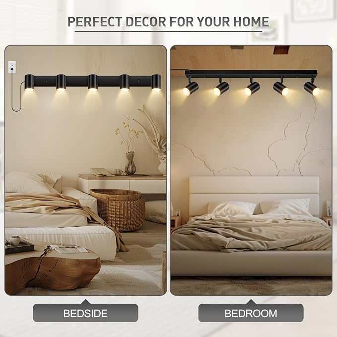 Plug in Track Lighting, LED Track Light Kit, Black 5-Light Track Lights for Kitchen, 15 FT Cord,30" Large Ceiling Spotlight, Rotatable Wall Mount Light Head for Bedroom Hallway Living Room