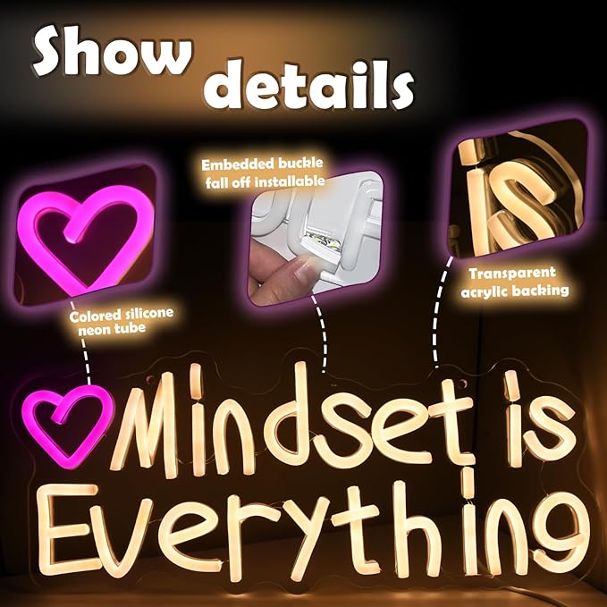 Mindset is Everything neon sign, suitable for classroom wall decoration, back-to-school season, graduation season, student gifts. Dimmable, USB powered, pink heart-shaped inspirational neon light.