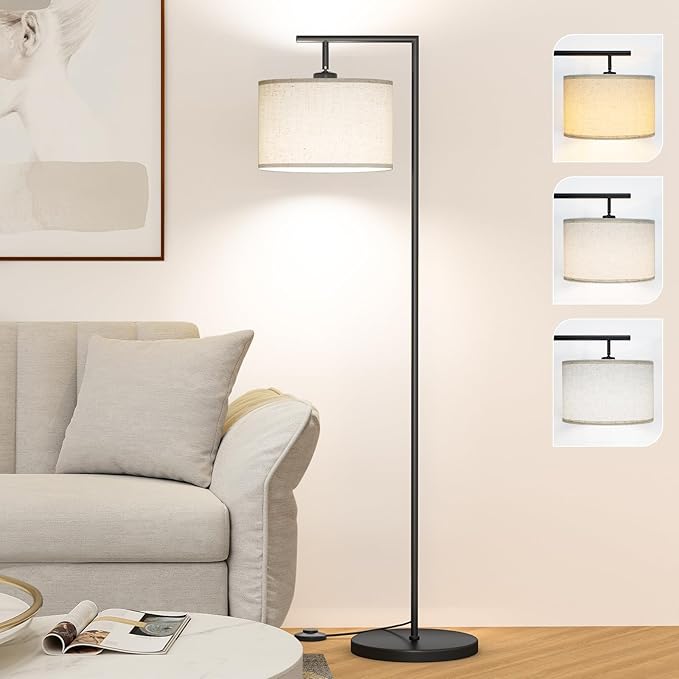 Floor Lamp for Living Room with 3 Color Temperatures Standing Lamp with Adjustable Beige Linen Lampshade Tall Lamps for Bedroom Office Classroom Dorm Room, 9W LED Bulb Included, Black | 3 Color Temperatures, Adjustable Beige Linen Lampshade, For Living...