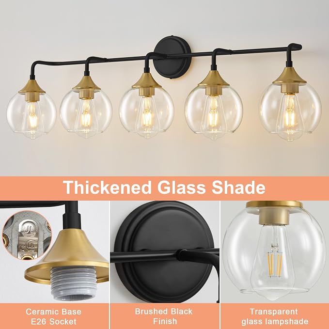 Bathroom Vanity Light 5-Light Black and Gold Vanity Light 39" | Modern Vanity Lighting Fixtures Over Mirror, Thickened Clear Glass Shade, UL E26 Dimmable Vanity Light Fixtures