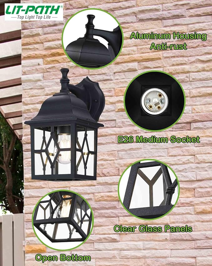 Outdoor Wall Light Fixture, Rustproof Aluminum, Glass | Large Exterior Porch Light Wall Sconce Lantern for House, Patio, Garage, Waterproof, E26 Socket 60W Max, Black