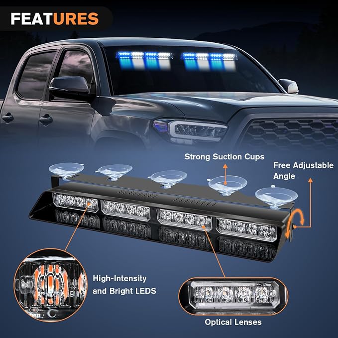 Nilight 32LED Blue White Emergency Dash Strobe Lights with Controller | Suction Cups Warning Hazard Interior Front/Rear Windshield Deck Split Light Bar for Trucks Construction Vehicles