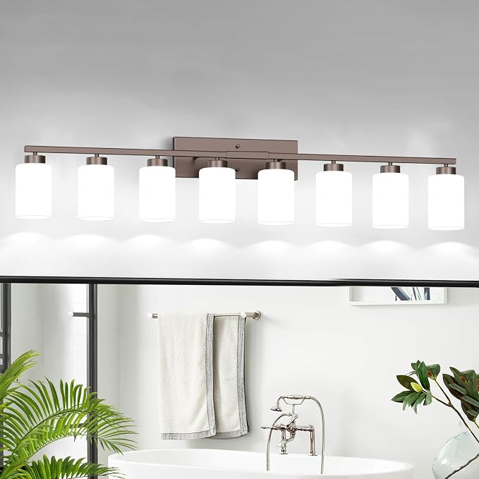 IZORRO Modern Bathroom Light Fixtures, 8 Light Oil-Rubbed Bronze Vanity Lights, Bathroom Lighting Fixtures Over Mirror with White Glass for Living Room Cabinet Bedroom