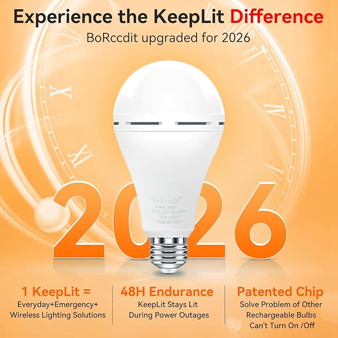 KeepLit 8PK Emergency Rechargeable Light Bulbs, 48H Battery Backup, 3 Brightness Levels, 12W 65W Equivalent A19 LED Bulb Auto-On During Power Outage for Hurricane, Emergency Use (Soft White)