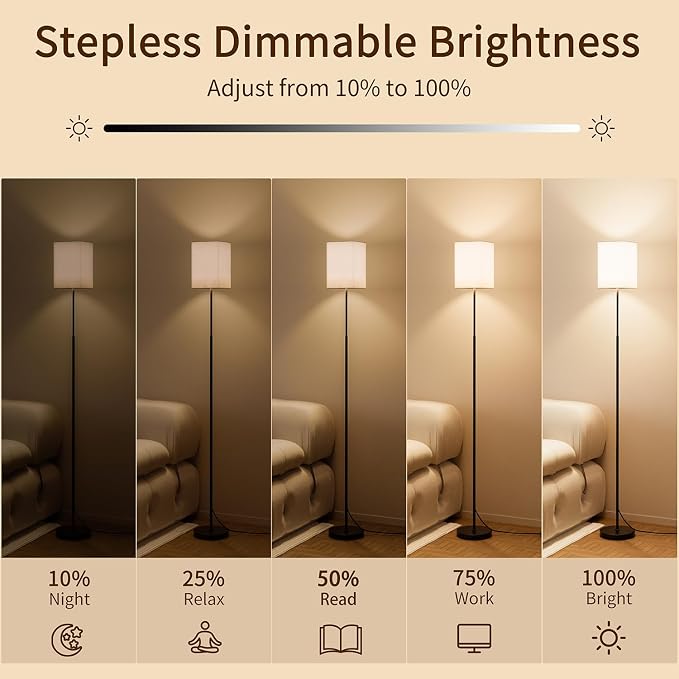 63.8" Square Floor Lamp with White Fabric Shade | Dimmable with Remote and Foot Switch, 3 Color Temperatures, 9W LED Bulb Included, Ideal for Living Room, Bedroom or Office