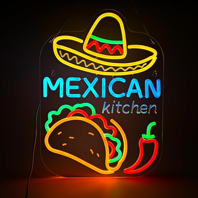 Mexican Taco Bar Neon Sign - LED Restaurant Decor for Mexican Kitchen, Taco Party Decorations, 16.5x12" USB Wall Light - Mexican Food Gifts for Restaurants & Homes