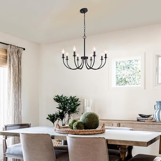 8-Light Black Chandelier, 26“ Farmhouse Chandelier for Dining Room Lighting Fixtures Hanging, Rustic Candle Modern Chandeliers for Living Room Bedroom Foyer Kitchen(Frosted Black)