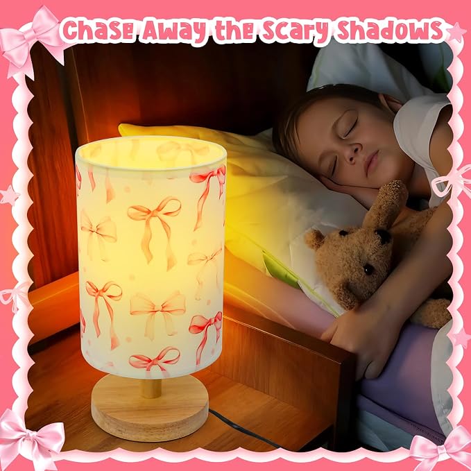 Bow Kids Table Lamp for Bedroom Kids Bedside Lamp with Linen Wooden Nightstand Cartoon Nursery Lampshade for Girls Room Pink Bow Decor