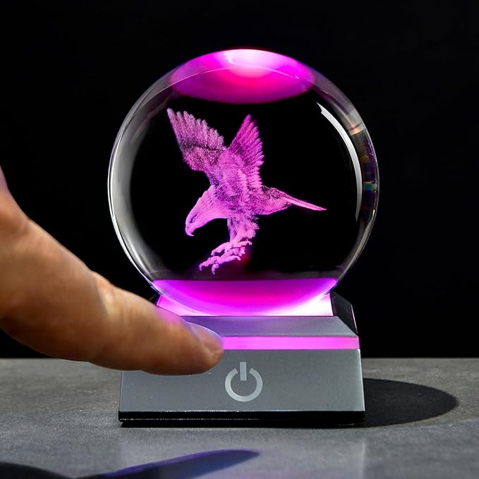 80mm 3D Eagle Crystal Ball with LED Stand, Animal Figurine Decor Glass Sphere Lamp Night Light, Eagle Statue Gifts for Men Women Kids