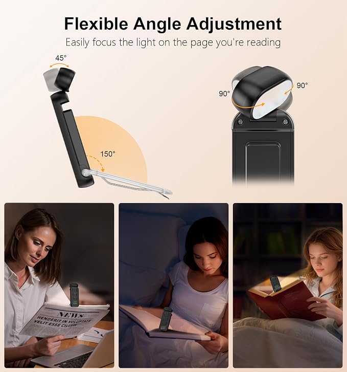 Gritin Reading Light, Rechargeable Book Light for Reading in Bed | Eye Caring 3 Color Temperatures, 5-Level Dimmable Brightness, Long Lasting,Compact Size Clip on Book Lamp for Bookworms-Black