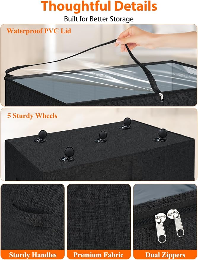 punemi 10 inch Tall Under Bed Storage Bins with Wheels, 2-Pack, Black | Clear Lids,360° Wheels,for Clothes, Shoes, Blankets & Bedding, Closet, Shelf & Dorm Organization