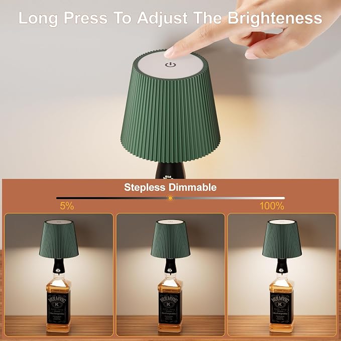 2 Pack Wine Bottle Lamps, 2026 New 3 Color Rechargeable Wireless Bottle Lamps, Bottle Light for Liquor Bottles with Touch Dimming for Parties, Restaurants & Home Decor（Dark Green）