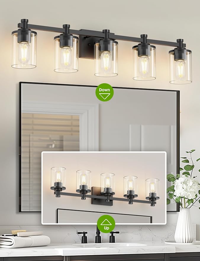 Bathroom Light Fixture, Bathroom Vanity Light Over Mirror, 5-Lights | Vanity Lights for Bathroom, Modern Lighting Fixtures with Clear Glass Shade, Black Vanity Lights, ETL Listed
