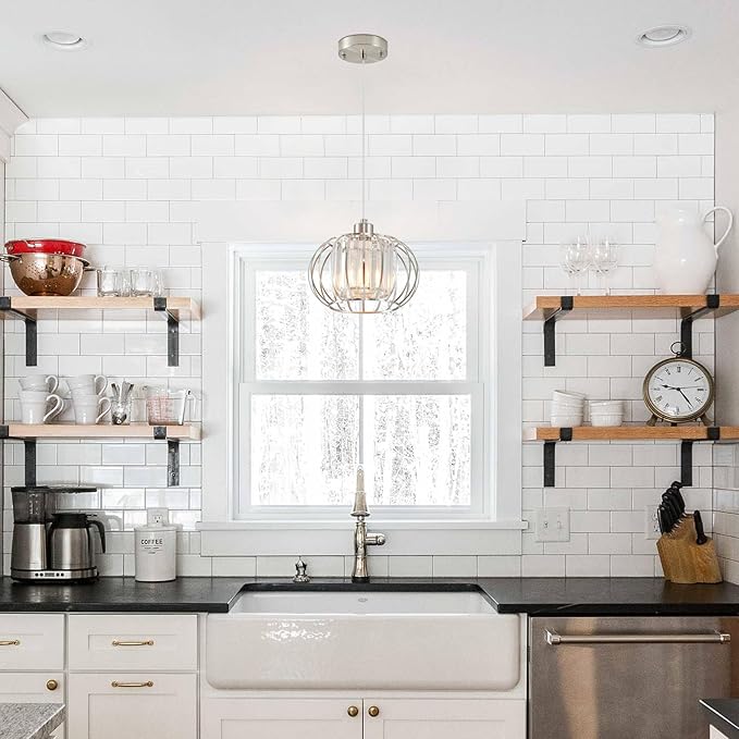 Brushed Nickel Pendant Light Fixtures, Modern Crystal Hanging Ceiling Light, Farmhouse Small Chandeliers, Metal Cage Pendant Lighting, Adjustable Pendant Lights Kitchen Island, Hallway