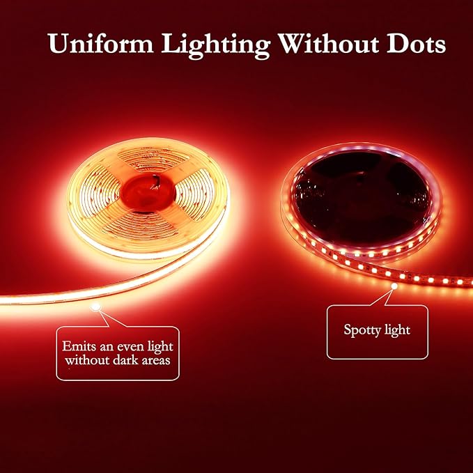 JOYLIT 12V COB Red LED Strip Lights Waterproof 20FT/6M 320LEDs/M Uniform Flexible Tape Light for Cabinets, Shelves, Counters, Closets, RV Decoration (LED Strip Only)