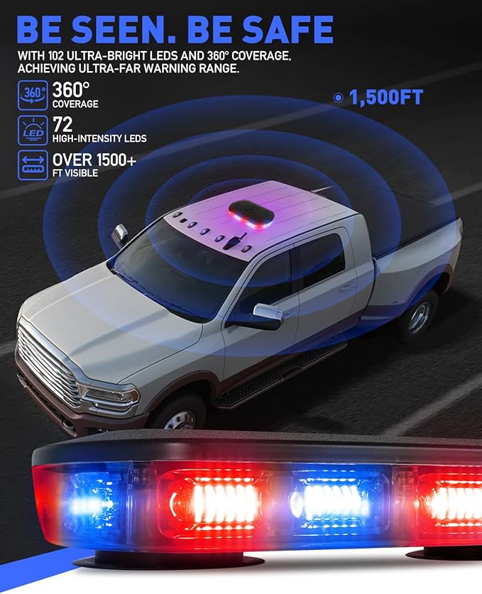 HLauto 700A Rooftop Emergency Strobe Lights Bar, 72 LED Red Blue Mini Beacon Safety Flashing Warning Traffic Lights Bar w/Magnetic Base for 12-24V Trucks, Construction Vehicles, Snowplow, Cars