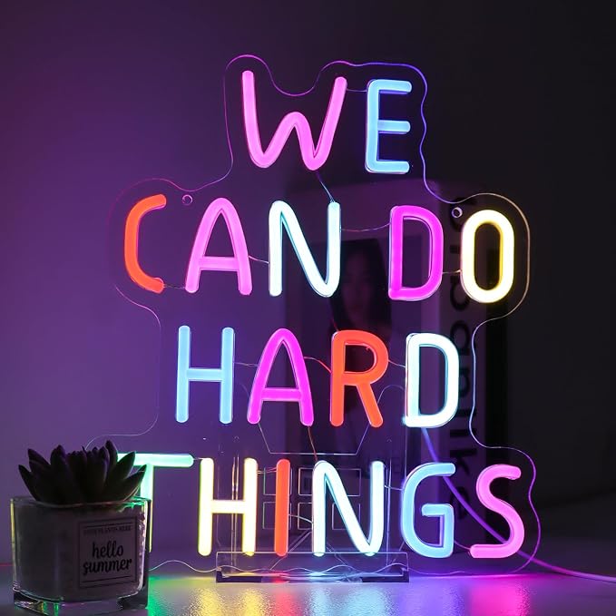 We Can Do Hard Things Neon Sign for Teachers – Dimmable Multicolor Letter Classroom Light with Wired Dimmer, 11.4×12.8 in, Includes 4 Wall Anchors – Back to School Teacher Gift