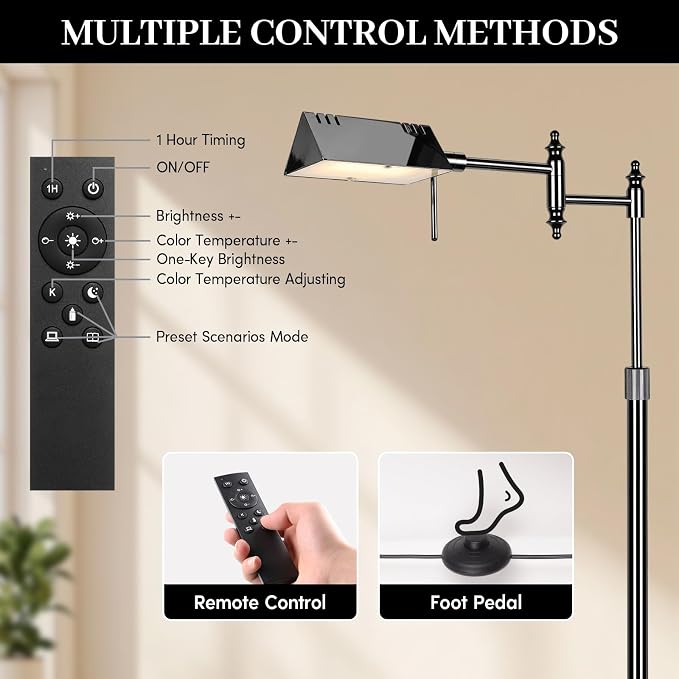 Bairth Black Chrome Reading Floor Lamp, Dimmable Pharmacy Standing Lamp | 3 Color Temperature, Dimmable, 17W LED, Height Adjustable, 360°Swing Arm, for Living Room, Bedroom, Office, Craft & Sewing