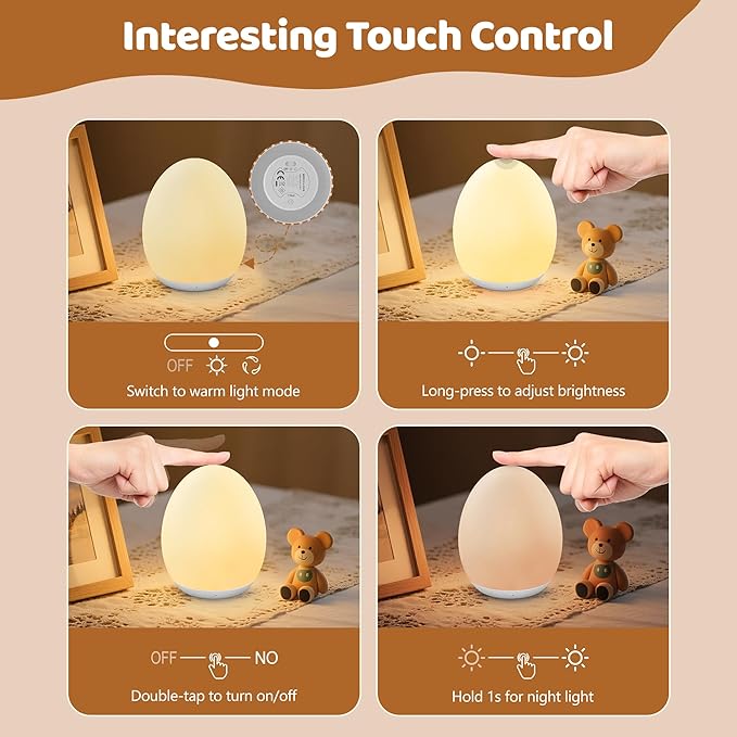 Night Light for Kids, 7 Colors Changing Egg Light for Nursery | Stepless Dimming, Soft Silicone Touch Night Lamp with 1 Hour Timer, Rechargeable Nursery Night for Breastfeeding