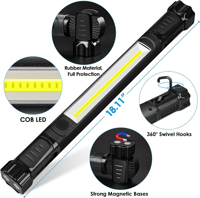 Work Light, 2500LM Ultra Bright, 5200mAh Rechargeable LED Work Lights, Magnetic Underhood Work Light Bar with Hooks, Portable Mechanic Light for Car Repairing Inspection Garage Workshop Emergency
