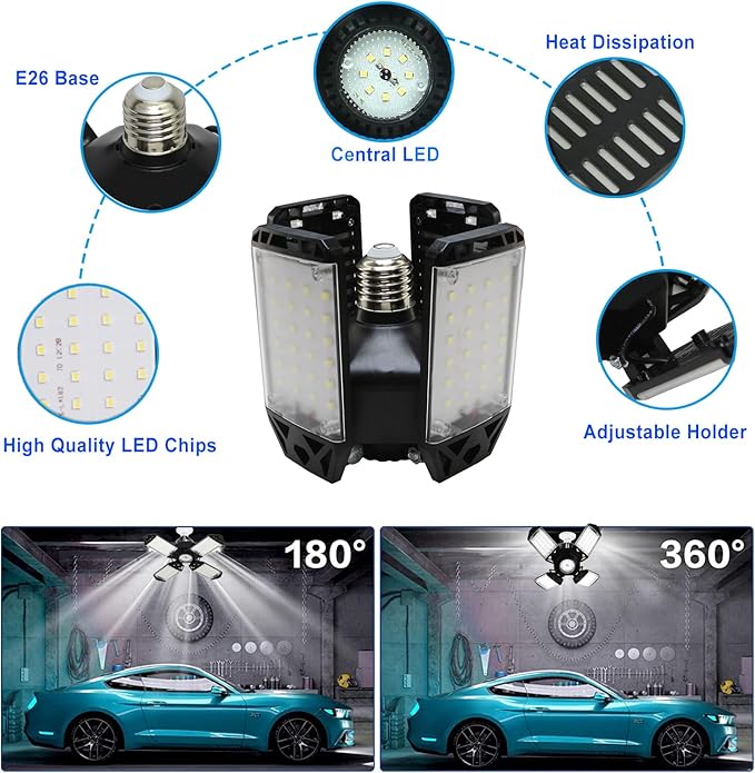 150W LED Garage Light - 15000 Lumen Ceiling Light with 4+1 Adjustable Panels, Daylight LED Shop Light Bulb Fixture for Garage, Workshop