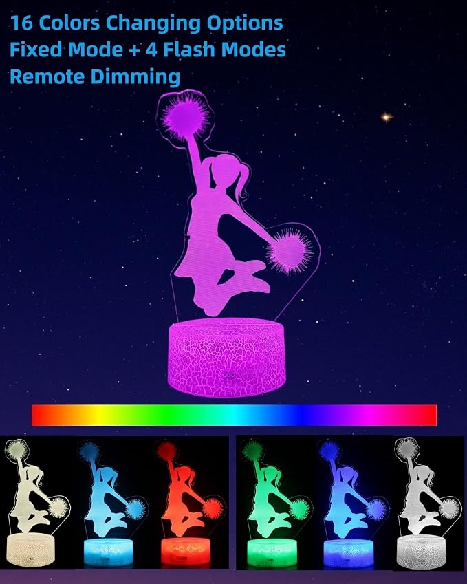 Cheerleader Gift 3D Illusion Night Light for Girls 2 Patterns | Cheerleading Lamp, 16 Colors Change, Dimmable, Touch & Remote Control, Room Bedroom Décor, Kid Teenager Birthday Christmas