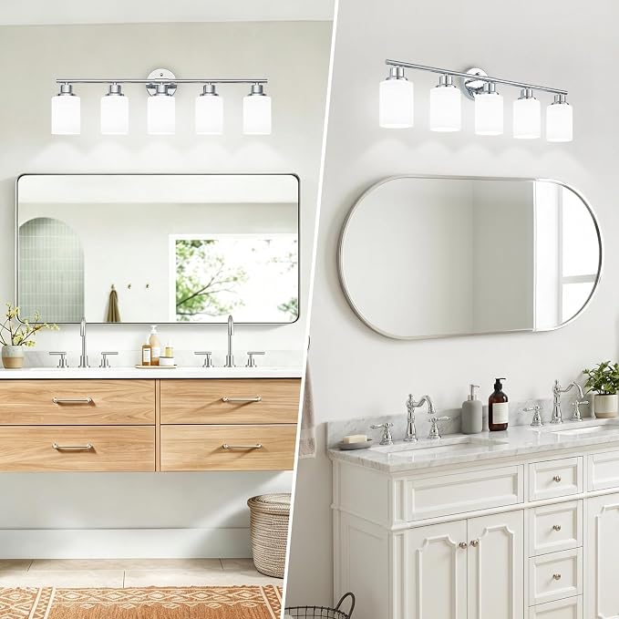 5-Light Chrome Vanity Lights for Mirror, Bathroom Light Fixtures with Textured Milky White Glass Shade, Modern Kitchen Light Fixtures Wall Sconce Light