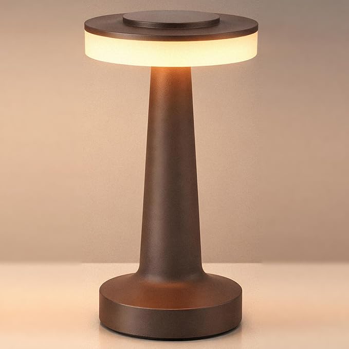 Riakrum 1 Pcs Brown LED Portable Cordless Table Lamp Bulk with Touch Sensor 3 Color Stepless Dimming Rechargeable Battery up to 15 Hours Cordless Table Light Wireless Lamp Wedding Home