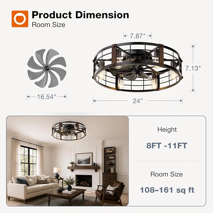 addlon 24" Caged Ceiling Fans with Lights and Remote, Low Profile Fandelier | Wider Airflow, 1/2/4/8H Timer, 6 Speeds, Reversible DC Motor, 6 E26 Sockets, Farmhouse Style, Quiet Operation