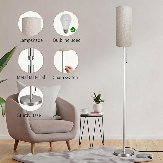 Ldeco Floor Lamp for Living Room, Modern Standing Lamps with Lampshade, Minimalist Tall Lamp with Chain Switch for Living Room, LED Bulb Included (Nickel Body+Beige Shade)