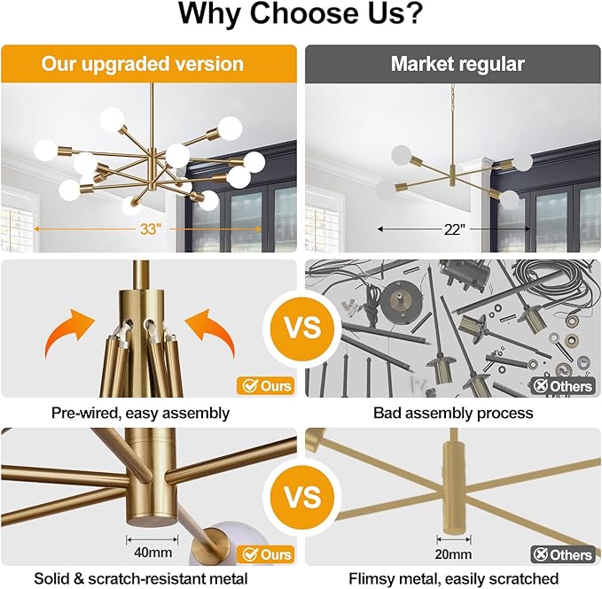 Sputnik Chandeliers Dining Room Light Fixture (12-Light, 33-Inch), Modern Brushed Brass Chandelier, Height Adjustable Mid Century Modern Chandeliers for Dining Room Kitchen (Bulbs not Included)