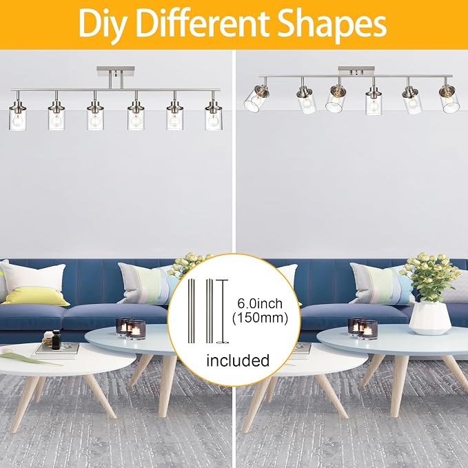 Yaohong 6-Light Track Lighting Kit Brushed Nickel Track Lighting Fixtures, Bathroom Wall Light Ceiling Mount Rotatable Spotlights, Kitchen Ceiling Light Fixtures with Glass Shade for Bathroom Hallway