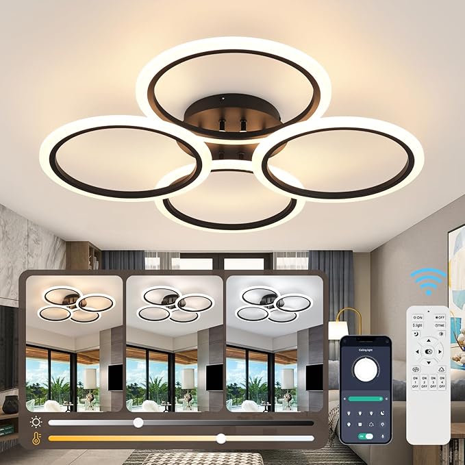 Modern LED Ceiling Lights Fixture Black Dimmable Acrylic 4 Rings Ceiling Lights Remote Control Dimmable Flush Mount Ceiling Lamp for Dining Room, Kitchen, Bedroom, Office(28.74inch)