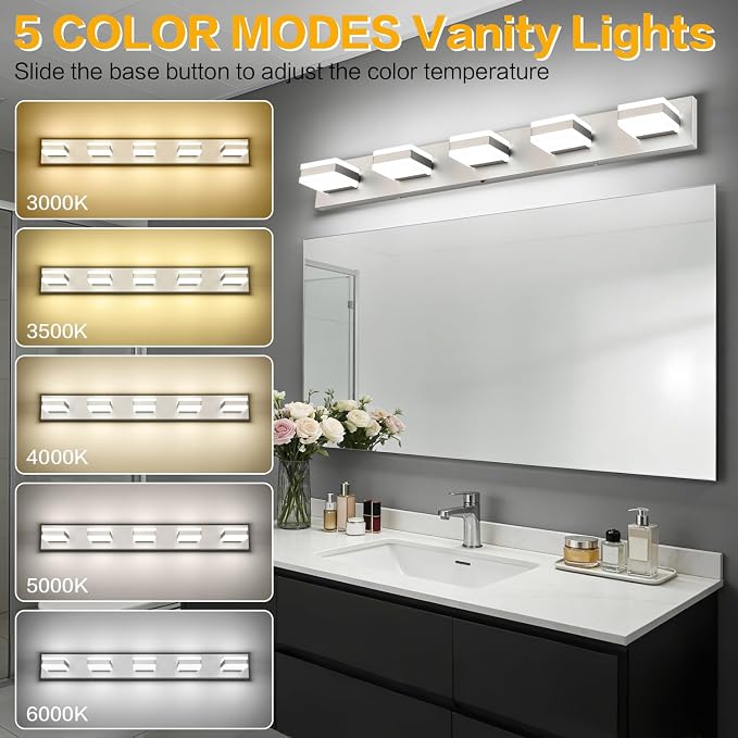 SOLFART Brushed Nickel Vanity Lights for Bathroom, 5 Color Temperature Bathroom Light, Light Fixtures Over Mirror, Modern LED Lighting Adjustable Color 5CCT