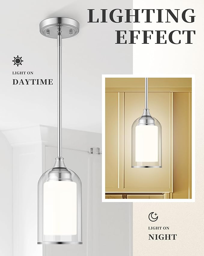 LIROUVET Modern Pendant Lights - Dual Glass Pendant Lights Kitchen Island, Brushed Nickel Hanging Lamp with Clear and Milk Glass, 1=Light Pendant Lighting for Kitchen, Dining Room, PL02BN