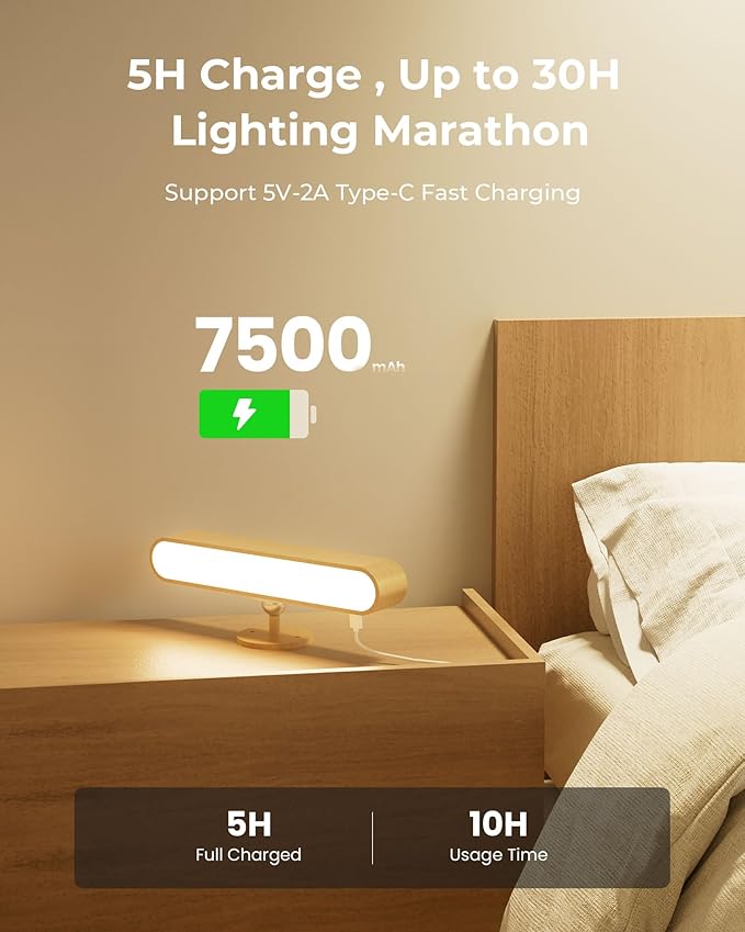 7500 mAh Rechargeable Wood Wall Sconce for Bedroom, LED Wall Light with Remote Control and Touch, 360° Magnetic Rotation, 3 Colours, Dimmable Wooden LED Wall Lamp with 15 RGB Colors,1 Pack