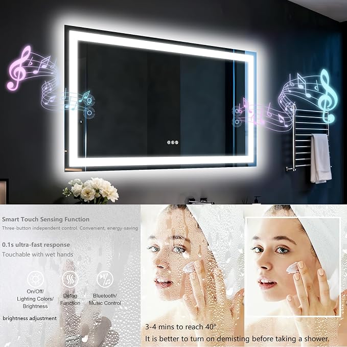 40"x28" LED Bathroom Mirror with Lights,Bluetooth Dual Speaker | Anti-Fog,3 Color Temperature,Dimmable Brightness,Memory Function,Waterproof,Wall Mount Design,Tempered Glass