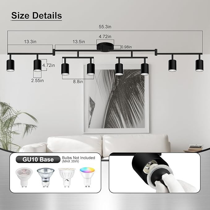 8 Light Track Lighting Fixtures Ceiling, Matte Black Kichen Track Lighting Fixtures, Rotatable Light Heads, Adjustable Modern LED Track Lights for Kitchen/Hallway, No GU10 Bulb
