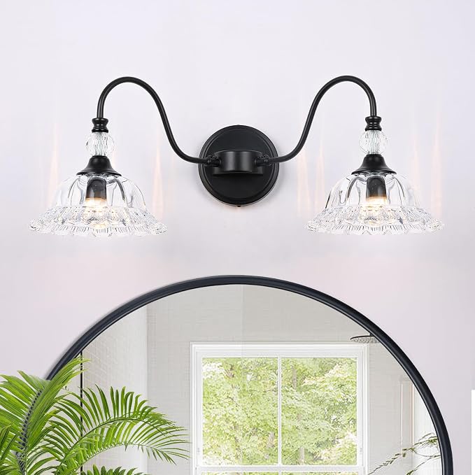 Farmhouse Bathroom Vanity Light Fixtures 2 Lights Matte Black Vanity Lights for Bathroom with Floral Crystal Glass Shade Wall Lighting Fixtures Over Mirror(Exclude E26 Bulb)