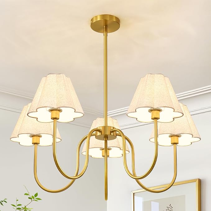 RUIYEY Black Chandeliers for Dining Room - 28" 5-Lights Vintage Modern Mid-Century Chandelier with Flower Fabric Shades, Height Adjustable Pendant Lighting Over Table for Living Room Kitchen Island
