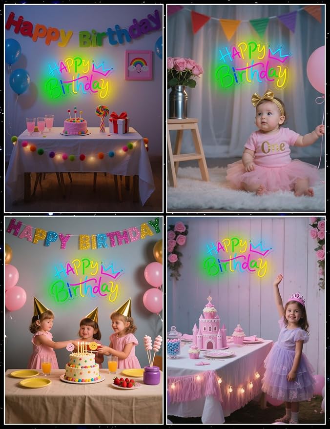 Happy Birthday Neon Sign for Decorations Backdrop, Happy Birthday Light Up LED Sign for Party Backdrop with Dimmable USB Power for Any Ages (Happy Birthday)