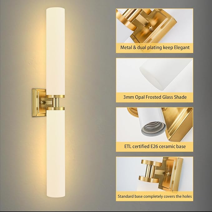 Gold Wall Sconces Set of Two, Bathroom Sconces with Frosted Glass Shade, Modern Vanity Sconces Lighting over Mirror, Wall Light Fixtures for Living Room Bedroom Hallway (Bulbs Not Included)
