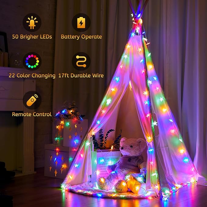 Minetom Star String Lights Battery Operated - 17 ft 50 LED Color Changing Star Fairy Light with Remote and Timer, 16 Single Colors and 7 Modes Starry Lights for Bedroom Dorm Christmas Halloween Decor
