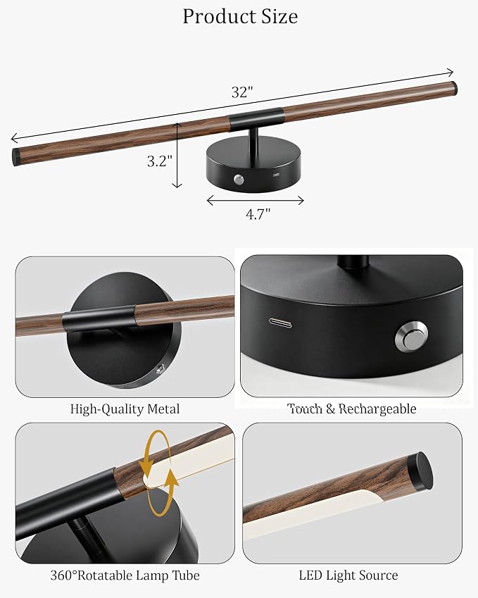 32" Battery Operated Wall Sconce Set of 2, 350° Rotating Lamp, Walnut Black | Wireless, 8000mAh Rechargeable Battery, Stepless Dimming, 3000K-6000K, Remote & Touch Control, Timer, Living Room, Bedroom