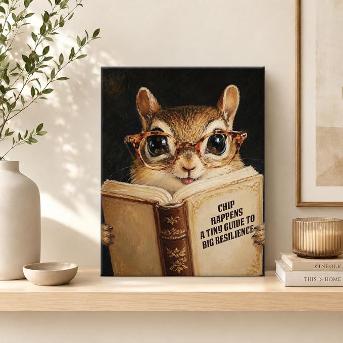 NSFBESSLIA Funny Reading Chipmunk Painting, Whimsical Vintage Animal Decor, Chip Happens, Cute Cottagecore Wall Art for Living Room Bedroom Entryway, 8x10 Inch