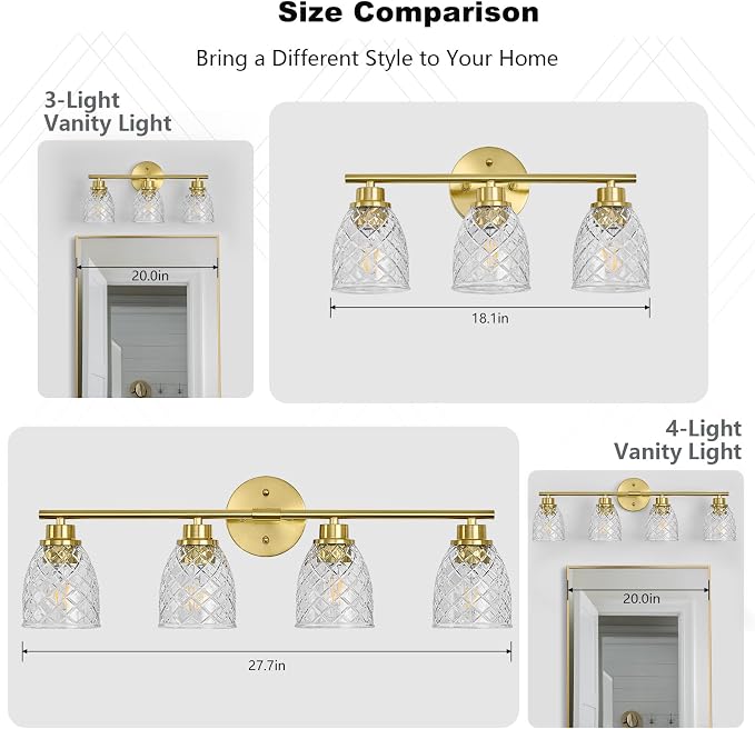 4-Light Vanity Light Over Mirror, Brushed Gold Bathroom Light Fixtures | Modern Farmhouse Wall Sconces with Hammered Glass Lampshade for Kitchen Hallway Bedroom Living Room Cabinet Porch-27.5IN