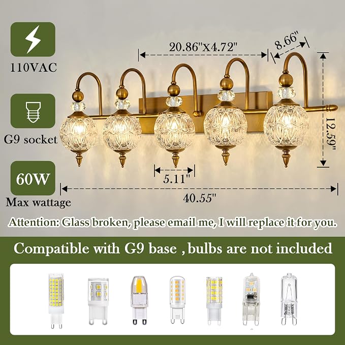 Piepooye Vintage Bathroom Lights Fixtures Gold Vanity Light with Glass Globe LampShade 5 Light Brushed Brass G9 Bulb Wall Sconce Antique Indoor Vanity Light Over Mirror for Kitchen Bedroom Living Room