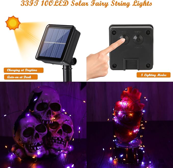 Lomotech Orange Purple Halloween Solar Lights, 2 Pack Total 66ft 200 LED | Solar Fairy Lights, Waterproof Outdoor Twinkle Lights with 8 Modes for Garden, Porch, Trees, Halloween Decor (Black Wire)