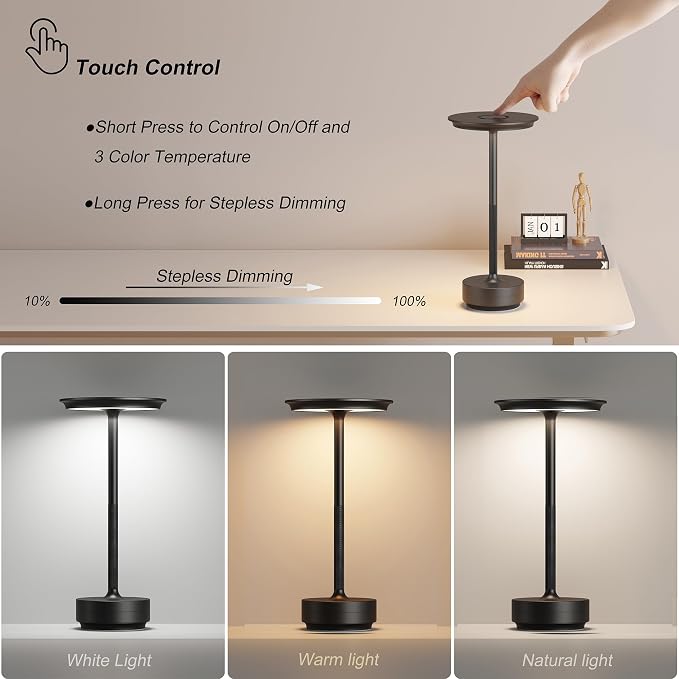 TBBGA 1 Pack Rechargeable Table Lamps Cordless, 5000mAh Outdoor Table Light | 3 Color Stepless Dimming Portable LED Table Lamp with Memory Function, for Home/Dinner/Patio/Restaurant.(Black)