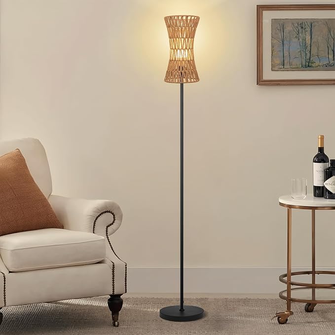 Ruiever Floor Lamp for Living Room,Farmhouse Floor lamp,Modern Standing lamp with Hand-Worked Rattan Shade (Slim Waist Rattan Shade-3 Color Bulb)